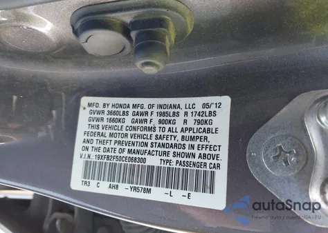 2012 Honda Civic Lx from USA, damaged, VIN 19XFB2F50CE068300